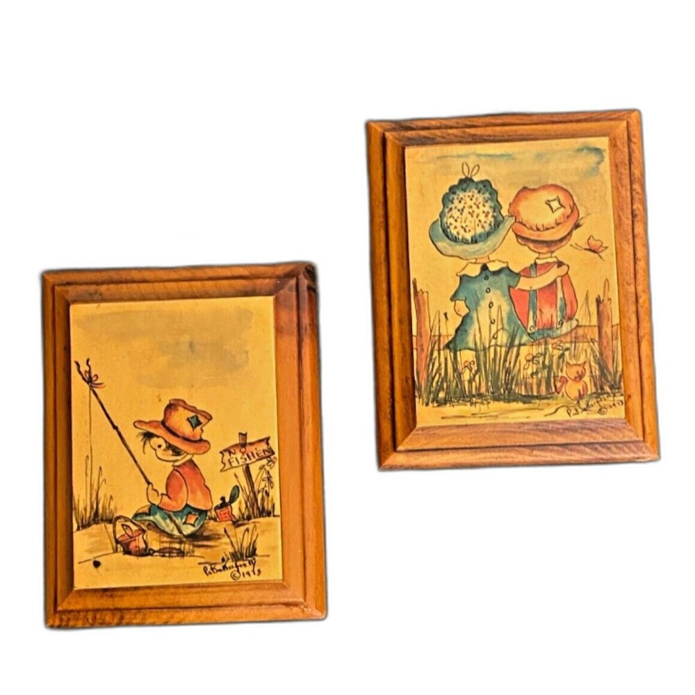 2 Vtg 1973 Signed PAT SATTEIFIZ Wood Wall Plaques Art Decor Kids Fishing Friends
